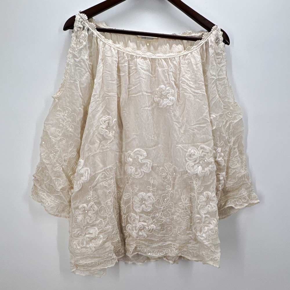 Belle France Boho White Lace Embroidered Peasant Blouse Top Womens L Cottagecore